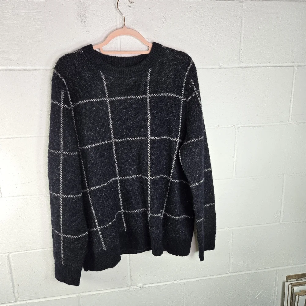 J Crew Blue Navy Windowpane Plaid Alpaca Wool Sweater
